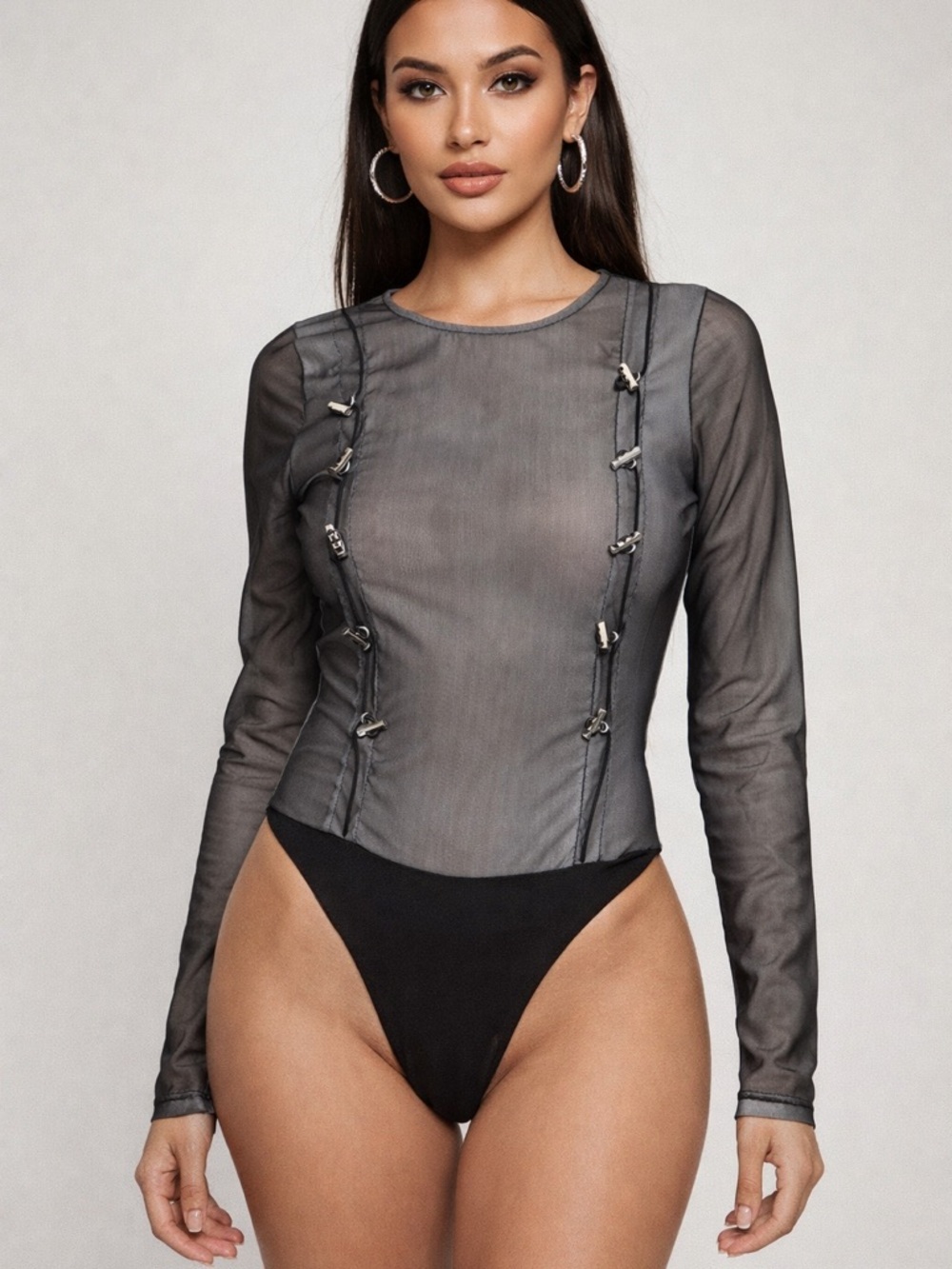 Maniere De Voir Black Sheer Mesh Long-Sleeve Bodysuit